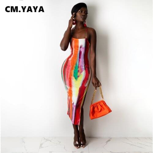 CM.YAYA Women Long Dress Print Sleeveless Strap Slash Neck Bandage Backless Split Midi Dresses Sexy Fashion Vestidos Summer 2021