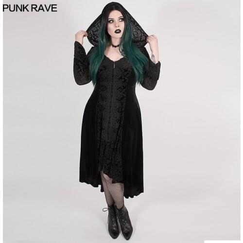 PUNK RAVE Plus Size Womens Gothic Dark Velvet Burning Out Irregular Long Coat Slim-fitting Micro Horn Cuffs Club Female Clothes