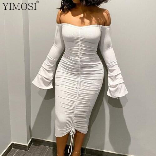 2021 Women Autumn Winter Bodycon Dress Ladies Flare Sleeve Off Shoulder Sexy Dress Lace Up Ruched Midi Dress