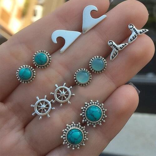 6 Pair/Set Bohemia Blue Round Resin Opal Charm Rudder Mermaid Tail Wave Stud Earrings for Women Ethnic Wind Jewelry