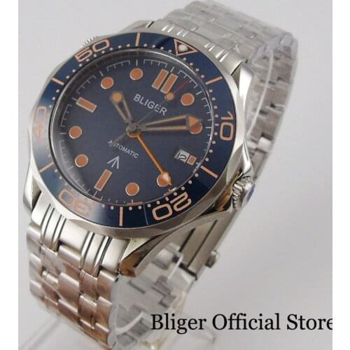 BLIGER 41mm Self Winding Men Watch Sapphire Glass GMT Hand Steel Band Rotating Bezel Blue Dial