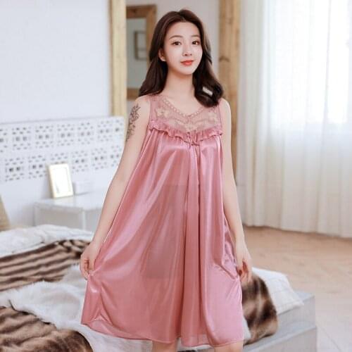 Large Size 4XL Women Sexy Sleep Wear Lingerie V Neck Floral Lace Sleepwear Ice Silk Nightgown Soft Robes Long Loose Sleep Dress