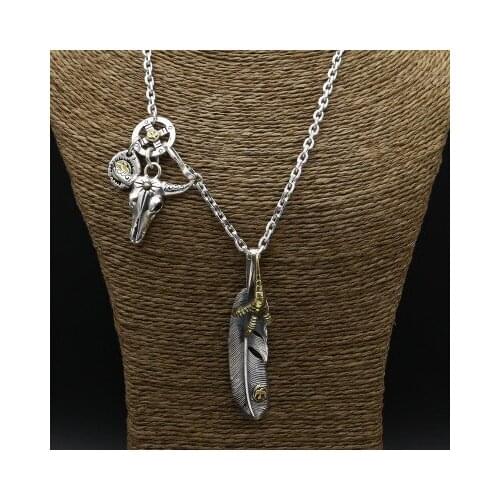56g 925 Sterling Silver Feather Long Necklace Men Vintage Indian Style Bull & Claw Charms 3.8mm Chain With Eagle Tag Jewelry