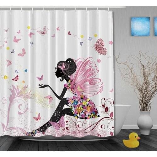 Europe Fantasy Cartoon Girl With Pink Butterflies Waterproof Mouldproof Fabric High Quality Custom Bathroom Curtain With Hooks