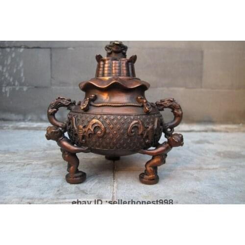 Chinese Buddhism Bronze Dragon Toad Three Boy Bat Incense burner Censer