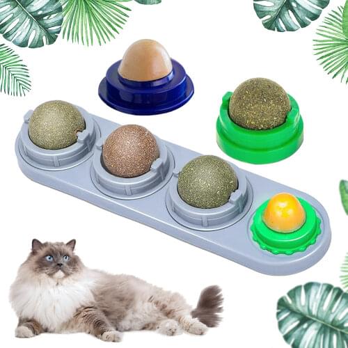 1/4pcs Cat Sugar Ball Cat Treat Toys Snack Self-Adhesive Rotated Catnip Ball Cats Wall Mount Molar Teething Natural Catnip Toy
