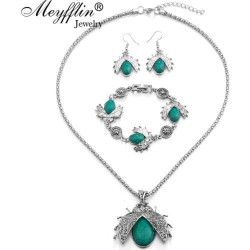 Meyfflin Vintage Green Stone Jewelry Sets Fashion Jewelry Antique Silver Color Beatles Necklace Bracelet and Earring Sets Party