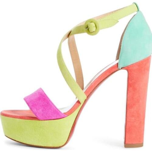 Moraima Snc Mixed Colors Suede Platform Thick Heels Sandal Summer Open Toe Ankle Strap Gladiator Shoe Big Size Cross Strap Heels