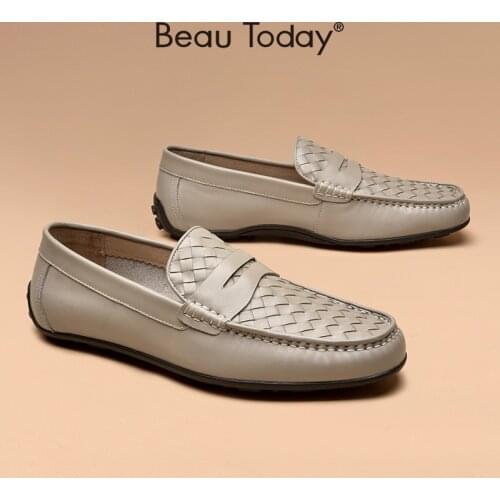 Men Penny Loafers Genuine Cow Leather Woven Round Toe Slip On Men Casual Outdoor Shoes Brand Handmade BeauToday 50054