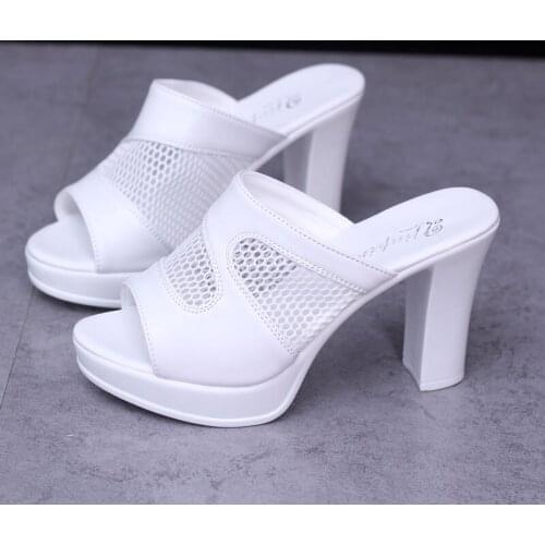 Ladies Leather Sole Slippers Women Sexy High Heel Mules Clogs Black Peep Toe Platform Mules Slip on Sandals Shoes Size 34-41