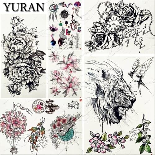 DIY Black Flower Tattoo Stickers Women Body Arm Art Neck Tattoos Large Bracelet Peony Temporary Men Fake Tiger Tatoos Makeup
