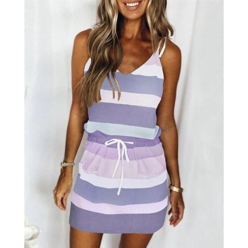 2021 Summer New Tight Waist Strapless V-Neck Dresses Color Matching Drawstring Breathable Vestidos Fashion Sling Stripes Dress