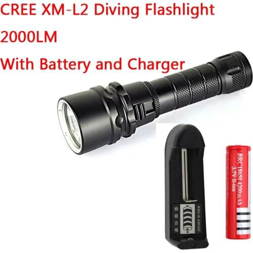 New XML XM-L L2 LED Lanterna 2000 Lumens Diving Flashlight Torch Waterproof Underwater LED Light With 18650 Battery & Charger