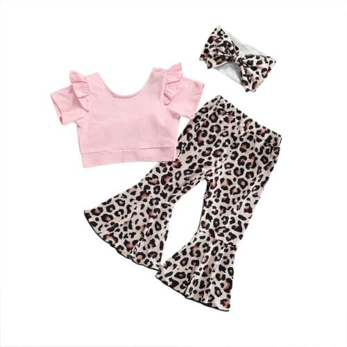 1-5Y Toddler Girls Clothes Pink Short Sleeve T-shirt Leopard Printed Pattern Pants and Headdress