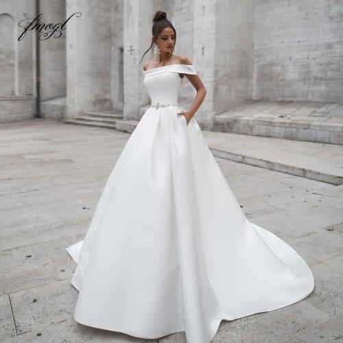 Fmogl Sexy Boat Neck Matte Satin Princess Wedding Dresses 2021 Luxury Sashes Button Lace Up Court Train A Line Bride Gown