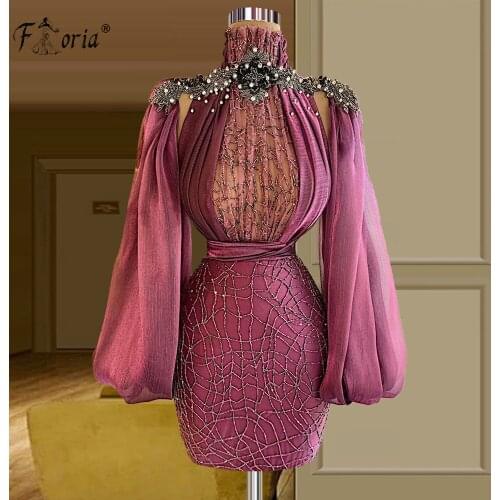 Luxury Beading Crystals Short Evening Dress Long Sleeves High Neck African Prom Dresses Graduation Cocktail Party Gowns