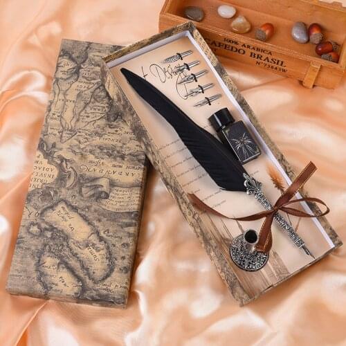 Pen Vintage Feather Dip Writing Ink Pens Set Stationery Gift 10 Color Quill Fountain Pen