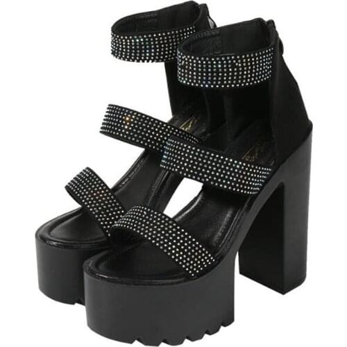 Summer Fashion Platform Women Sandals Waterproof Flock ZIP 14CM Thick High Heels Open Toed waterproof Rhinestone women shoes