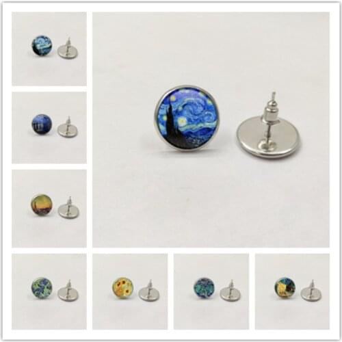 Hot/ Color Simple Style Earings Van Gogh Famous Artist Starry Night Stud Earrings Glass Cabochon Jewelry Women Gifts
