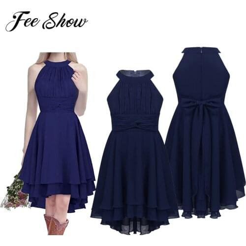 Teenage Girls Chiffon Dress Halter Neck High-Low Hem Flower Girl Dress Princess Pageant Wedding Bridesmaid Birthday Party Dress