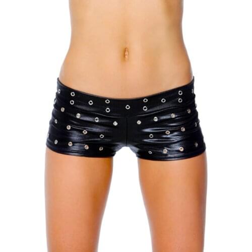 New Design Wetlook Faux Leather Shorts for Women High Quality Low Waist Black Hole Vinyl Short Pants Sexy Nightclub Costume
