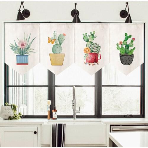 Nordic Cartoon Cactus Succulent Pattern Short Curtain Partition Door Curtain Kitchen Bedroom Curtain Door Head Hanging Curtain