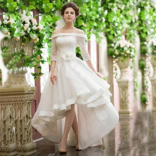 Vintage Style High Low Wedding Dresses Off Shoulder Half Sleeve Flower Belt Lace Organza Short Front Long Back Bridal Gowns