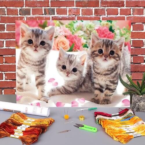Animal Cat Printed Water-Soluble Canvas 11CT Cross-Stitch DIY Embroidery Set DMC Threads Knitting Handicraft Promotions