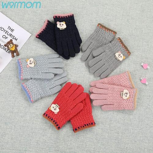 Warmom Winter Warm Gloves For Men And Women Cute Bear Knitted Woolen Gloves Students Outdoor Plus Velvet For 4-8 Years Old