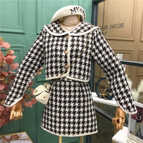 Women Crop Top Short Tweed Jacket Coat + Mini Bodycon Skirt Sets Ladies Suits 2021 New Autumn Vintage Two Piece Set