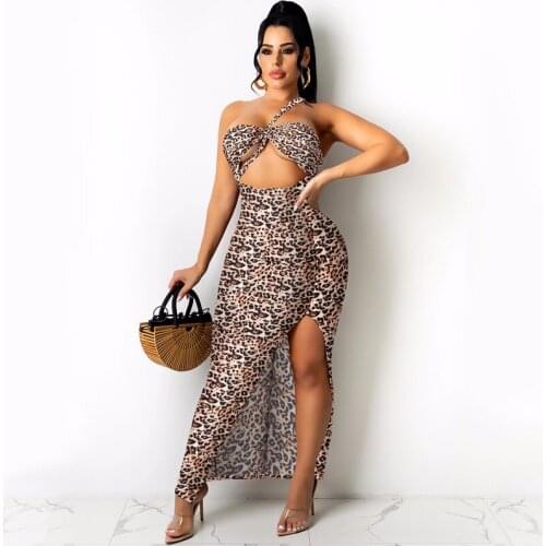 Women Leopard Printed Long Maxi Dress Strapless Bandage High Split Hollow Out Package Hip Dresses Evening Party Bodycon Vestidos