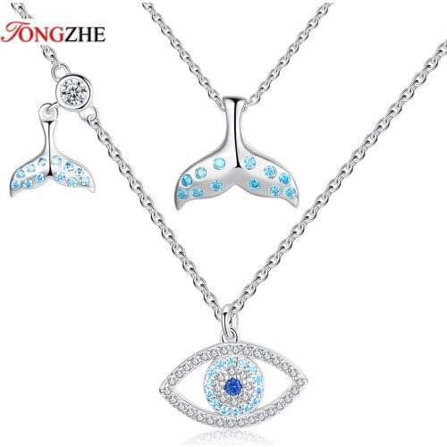 TONGZHE Charm 925 Sterling Silver Luck Blue Evil Eye Necklace Fishtail Crystal Eye Choker Necklace For Women Turkey Jewelry