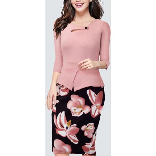 Plus Size New Fashion Floral Print Casual Women Work Office Pencil Bodycon Elegant Dress HB288