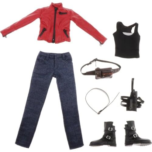 1/6 Scale Female Action Figure Fashion Cloth Biker Girl Outfit, Jacket, Jeans, Belt, Back Bag and Boots