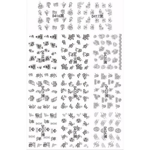 11 PACKS / LOT NAIL TATTOOS STICKER WATER DECAL NAIL ART BLACK FLOWER ROSE SERIAL D416-426K