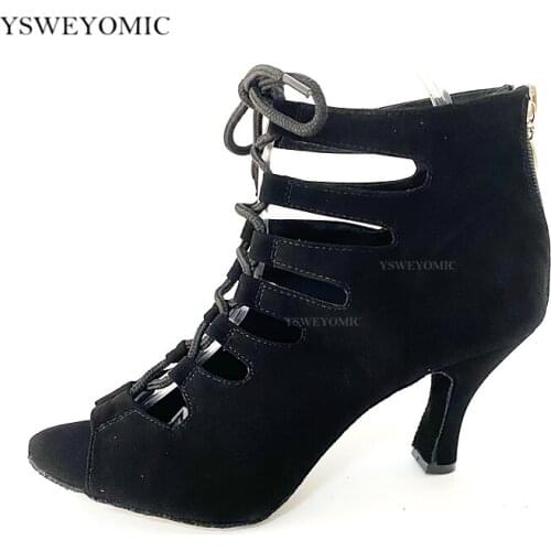 2021 Spring Black Nubuck Leather open Toe Salsa Ballroom Dance Shoes Medium Heel 7cm 2inch Customzied Dance Latin Shoes