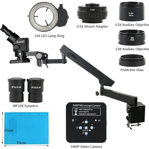 3.5X-90X Articulating Arm Pillar Clamp Simul Focal Zoom Trinocular Stereo Microscope 34MP 2K HDMI USB Video Camera For LAB