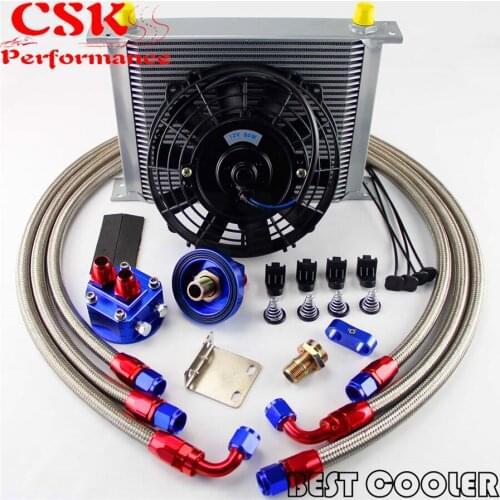 30 Row -8AN AN8 engine Transmission Oil Cooler + 7" Electric Fan Kit