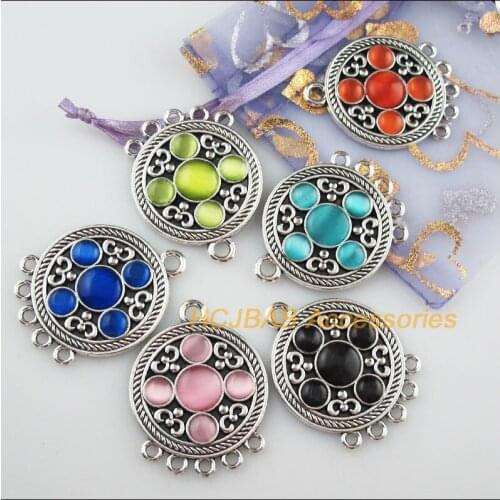 6Pcs Tibetan Silver Color Round Mixed CatEye Stone Charms Pendant Connectors 31x40.5mm