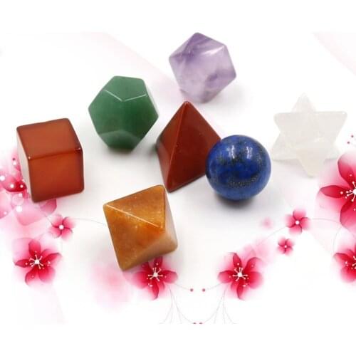 7pcs Healing Crystal Platonic Solids Sacred Geometry Set with Merkaba Star Carved Chakra Stone for Meditation Therapy Healing