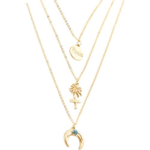 Bohemia Multilayer Coconut Tree Moon Pendant Necklace Boho Gold Color Alloy Necklaces For Women Beach Jewelry Party Gift