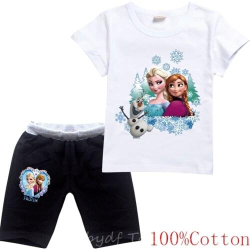 Disney Toddler Girl Clothes Kids elsa Clothing Sets 100% Cotton Frozen Children Summer Shirt Short Sleeve Girls Clothing