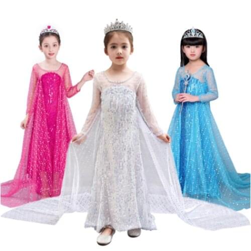 Girls Sequins Princess Dress Queen Halloween Costume White Blue Rose Party Gown with Long Train Children Halloween Frock