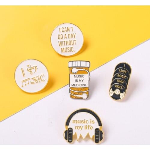 Rock and Roll Enamel Pin "Music is My Medicne" Phonogram Lapel pins Brooches Accessories Badge Gift for Musician Student