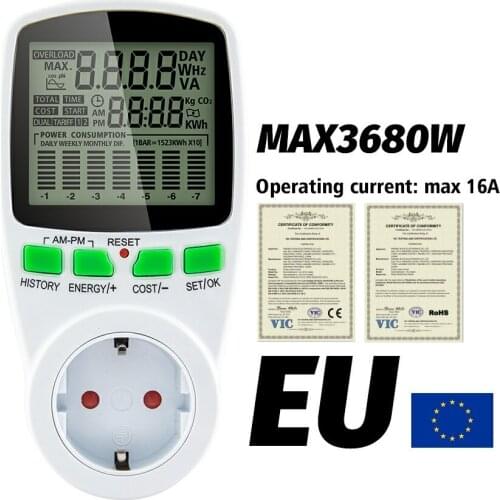 EU Digital LCD Energy Meter Wattmeter Wattage Electricity Kwh Power Meter Measuring Outlet Power Analyzer