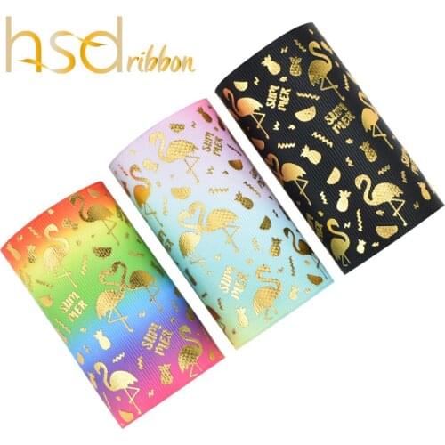 HSDRibbon 3 inch 75mm gold foil custom printed flamingo grosgrain ribbon