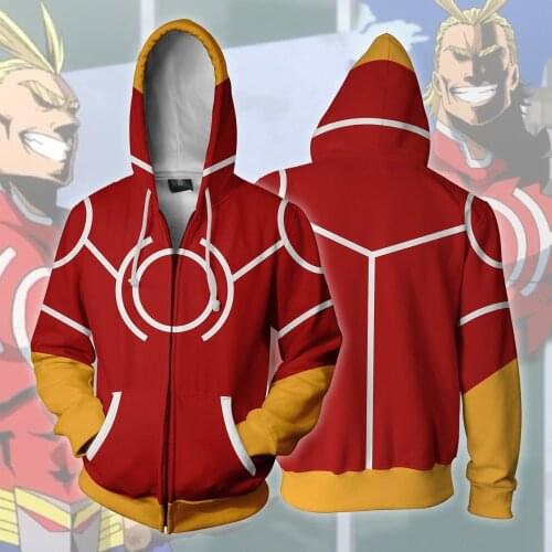 Anime Hero Academia All Might Cosplay Costumes Zipper Hoodies Sweatshirts 3D Printing Unisex Adult man/women Clothing