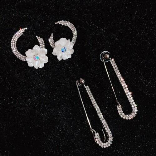LOVOACC Exaggeration Bling Rhinestone Flower Paperclip Earrings for Women White Resin Floral Moon Pin Drop Earrings Instajewelry