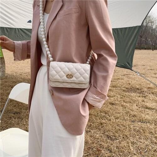 FANTASY Pearl Shoulder Strap Fashion Classic Plaid Leather Messenger Bag For Women Sweet Luxury Branded Small Handbags 2021 Hot