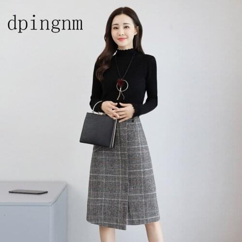 Fashion Two Piece Set 2018 Autumn Winter Knitted Long Sleeve Top Sweater or High Waist Slim Skirt Women Clothes